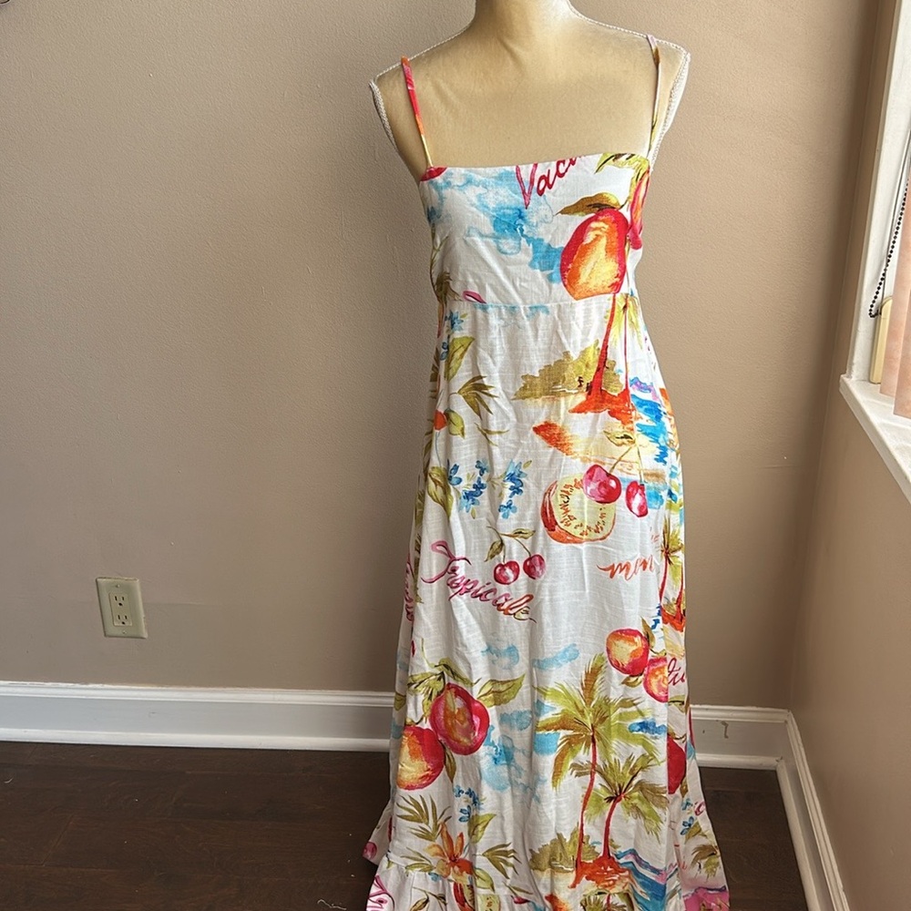Label Of Love Leilani Dress New Sz L Linen Blend Smocking Tropical Fruits - Picture 3 of 5